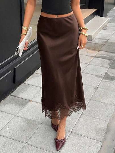 Elegant French Vintage Elastic Satin Texture Silky Brown Casual Contrast Lace Skirt, Fashionable Versatile