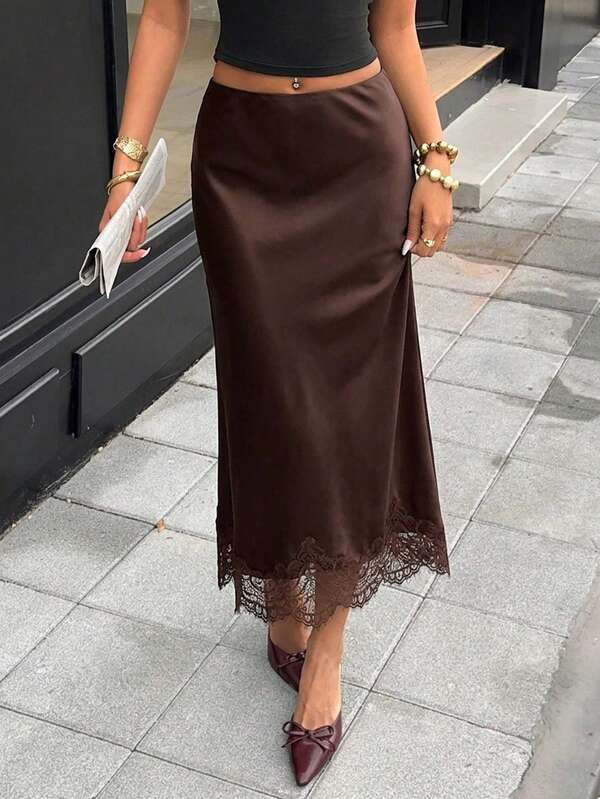 Elegant French Vintage Elastic Satin Texture Silky Brown Casual Contrast Lace Skirt, Fashionable Versatile