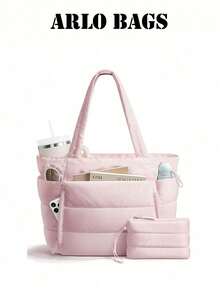 Tote Bag With Multiple Compartments And External Pockets, Excellent Storage Capacity, Comes With Matching Small Pouch, Zipper Closure, Minimalist Casual Style, Tote Handbag, Suitable For Commuting, School, Travel And Other Scenarios, Balancing Practicality And Style - Pink - View 8