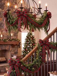1 Set DIY Christmas Chandelier Garland Decorations Included Artificial Pine Garlands And Green Red Plaid Ribbons Xmas Dining Room Table Decoration For Christmas Theme Holiday Party Backdrop Centerpiece - Decorative Pendant - View 2