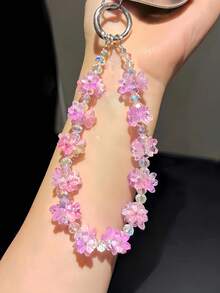 Dreamy Cute Style Macaron Flower Handheld Phone Wrist Chain, Matching Silvery Metal Round Ring Bag Key Pendant, Ethereal Light Portable Decorative Accessory, Suitable For Phone Case, Handbag, Car Key, Earphone Case - Multicolor - View 3