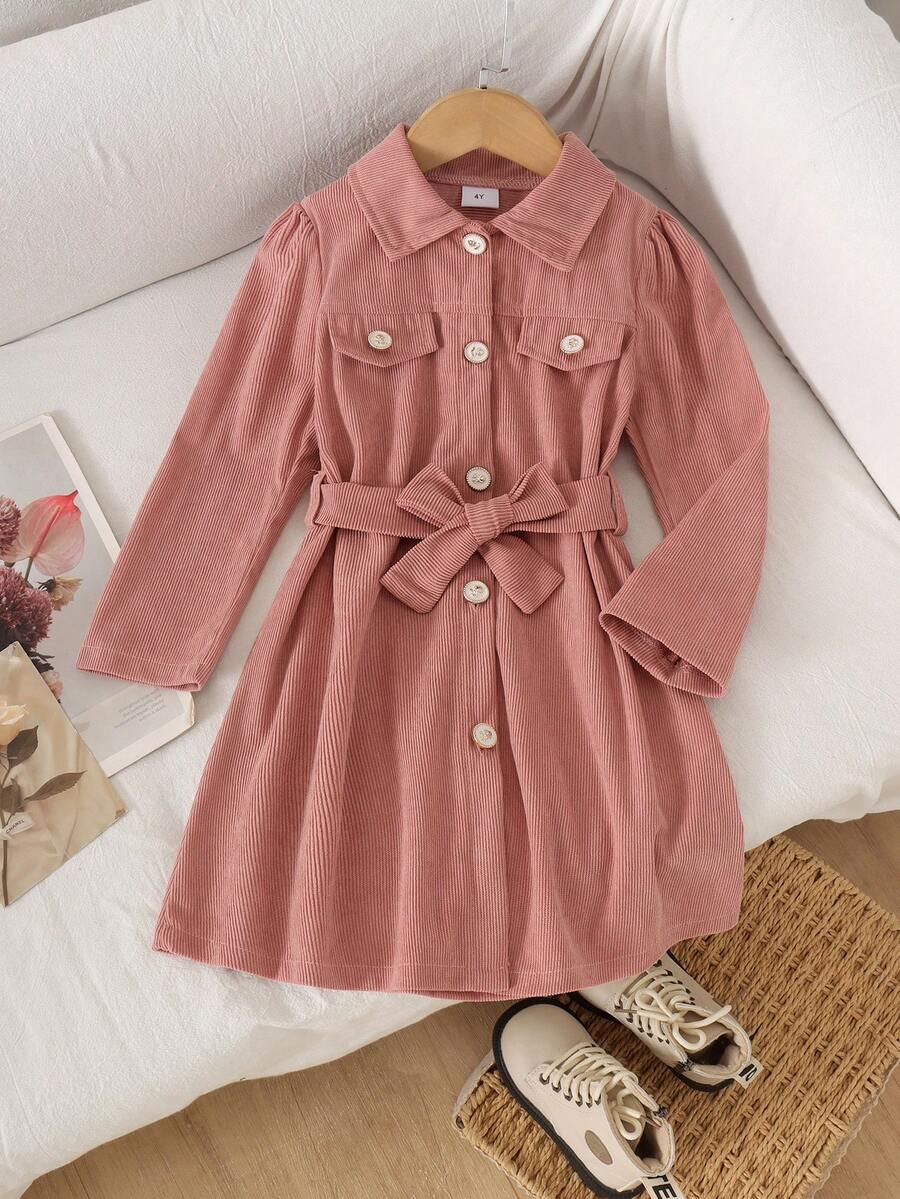 2pcs Young Girl Stylish Fashionable Turn-Down Collar Puff Sleeve Button-Up Long Sleeve With Detachable Cinched Waist A-Line Dress, Spring/Autumn - Dusty Pink - View 1