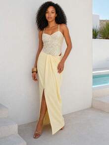 Dancing Leopard Apricot Sequin Camisole Bodysuit, Holiday/Vacation Wear - Apricot - View 1