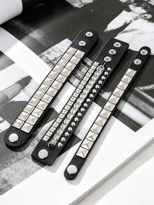 3/6 Buah Gelang Bertabur Gaya Punk, Gelang Rantai Kulit PU yang Dapat Diatur untuk Wanita dan Pria, Aksesoris Goth Emo untuk Halloween - MultiWarna - View 9