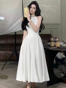 Elegant Party/Birthday Casual Women's Sleeveless A-Line Solid Color Maxi Dress, Summer White - White - View 2