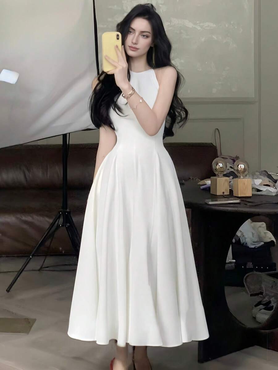 Elegant Party/Birthday Casual Women's Sleeveless A-Line Solid Color Maxi Dress, Summer White