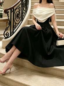 Women's Sleeveless Wrap Fitted Dress, Casual Fashion, Sexy Elegant Fall - Black and White - View 6