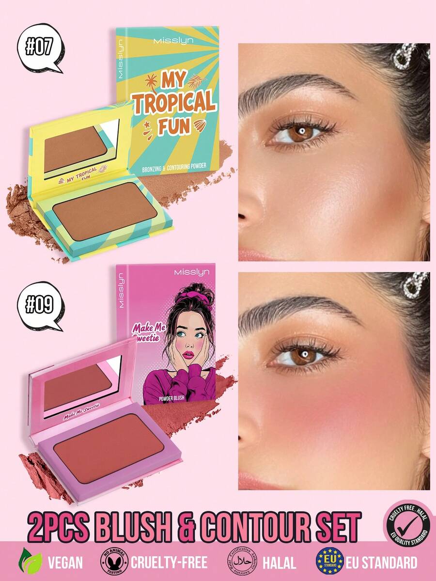 MISSLYN 2Pcs MY TROPICAL FUN Bronzing & Contouring Powder & MAKE ME SWEETIE POWDER BLUSH Set, Silky Blendable, Natural Warm Glow, Face Palette Cheek/Contour, Daily/Beach/Summer, Y2K/Sun-Kissed/Soft Glam, Blush & Bronzer Set - #07+#09 - View 1
