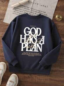 Boys GOD HAS A PLAN Slogan Back Print Hoodie, Casual Loose Pullover - Navy Blue - View 3