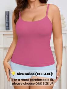 Women's Plus Size Striped Knit Tank Top, Casual Round Neck Cami With Built-In Bra - Hot Pink - View 3