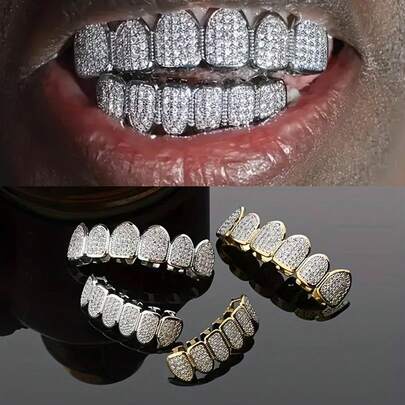 A Set Of Stylish Six-Tooth/Eight-Tooth Copper Micro-Inlaid Zirconia Metal Hip-Hop Teeth Ornaments, Shiny Stage Props, Nightclub Accessories, Unisex