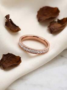 1pc Stainless Steel 18K Gold Plated Luxury Single Row Full Circle Rhinestone Ring, Exquisite Sparkling Texture, Suitable For Dress, Shirt, Commute Outfit, Simple Versatile Hand Accessory - Single Row Full Circle Rhinestone Ring - View 6