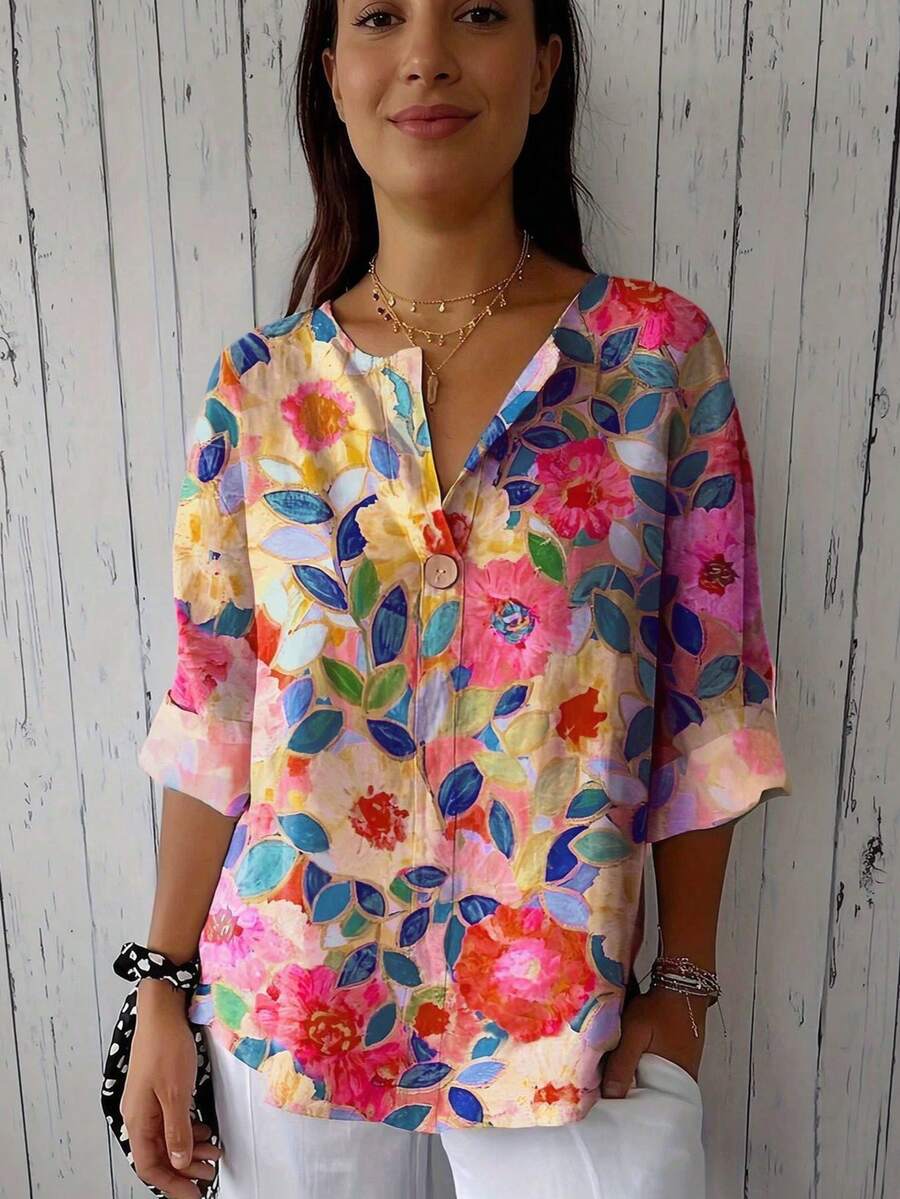 Women's Floral Print Casual Button-Up Shirt, Suitable For Vacation And Spring/Summer Daily Wear - Multicolor - View 1