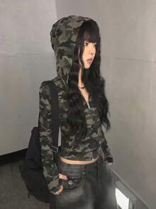 Vintage American Sweet & Cool Camouflage Two-Way Zipper Slimming Hooded Long Sleeve Jacket Top - Army Green - View 3