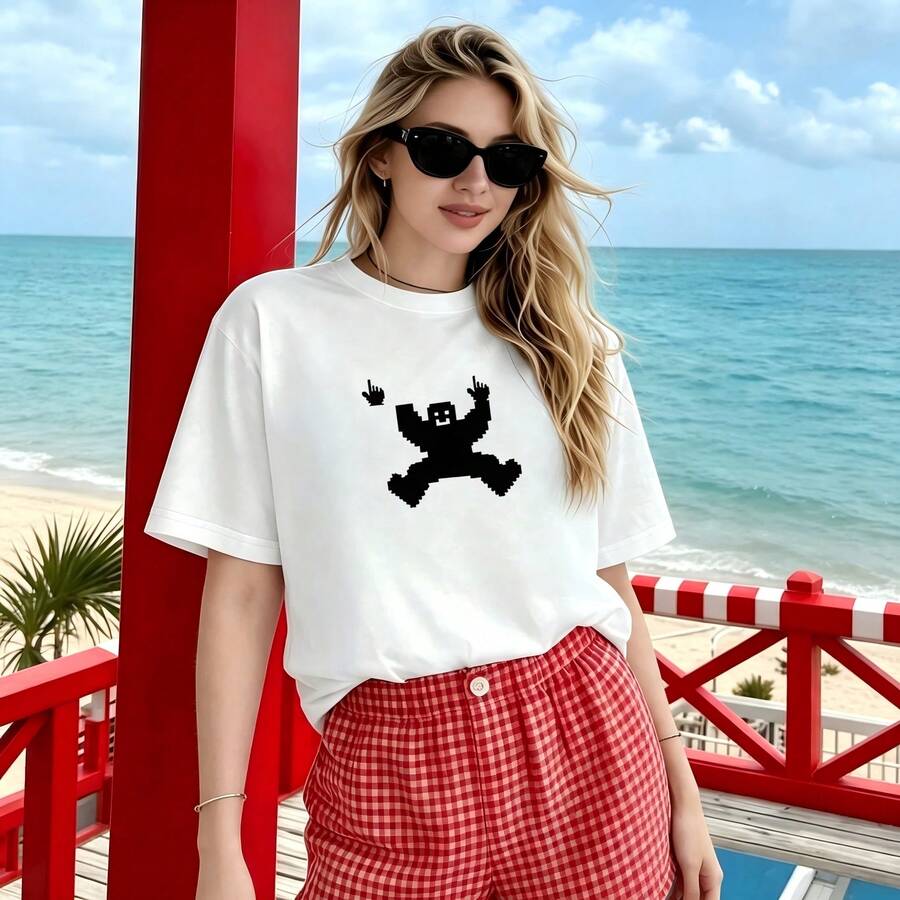 Street Cotton Oversized T‑Shirt, Retro Pixel Jumping Figure Gesture Graphic Drop Shoulder Tee For Travel Street Look - White - View 1