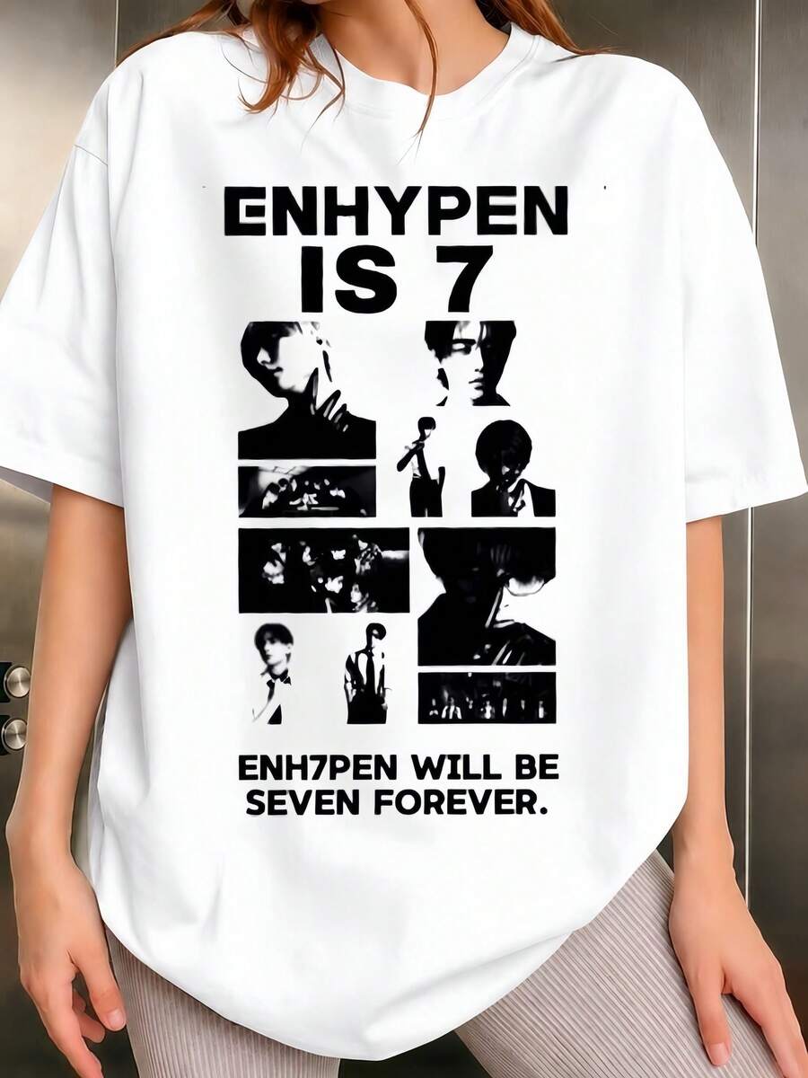 تي شيرت جرافيك فضفاض ENHYPENN-IS 7، مناسب للاستخدام اليومي والتجمعات والحفلات، بطراز معجبين عتيق - أبيض - مشاهدة 1