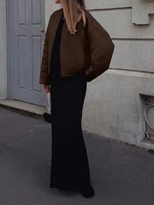 Basic Minimalist Commute Daily Date Old Money Style Minimalist Round Neck Loose Long Sleeve Wool Short Jacket Autumn/Winter Women's Outerwear, Winter, Women's Winter Clothes, Women's Winter Coat - Brown - View 2