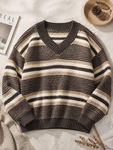 Plus Size V-Neck Gradient Striped Textured Knit Sweater, Drop Shoulder Loose Long Sleeve Pullover, Suitable For Autumn/Winter, Casual, Commute - Coffee Brown - View 6