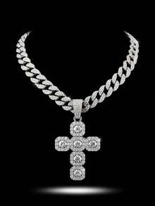 Rhinestone Cross Pendant Cuban Chain Necklace, Full Rhinestone Miami Chain Hip Hop Jewelry, Unisex - Rock Sugar Cross Pendant Necklace - View 2
