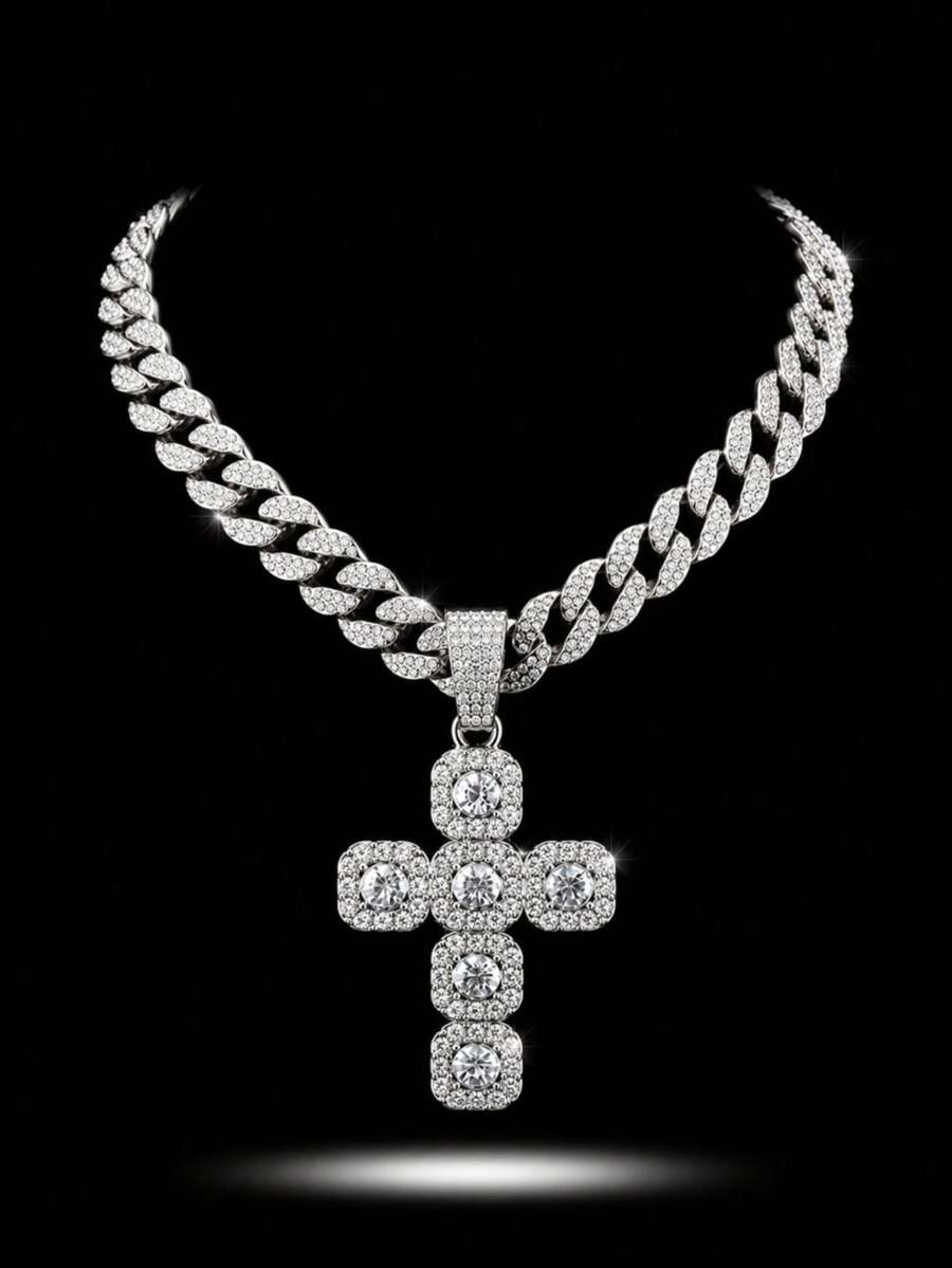 Rhinestone Cross Pendant Cuban Chain Necklace, Full Rhinestone Miami Chain Hip Hop Jewelry, Unisex