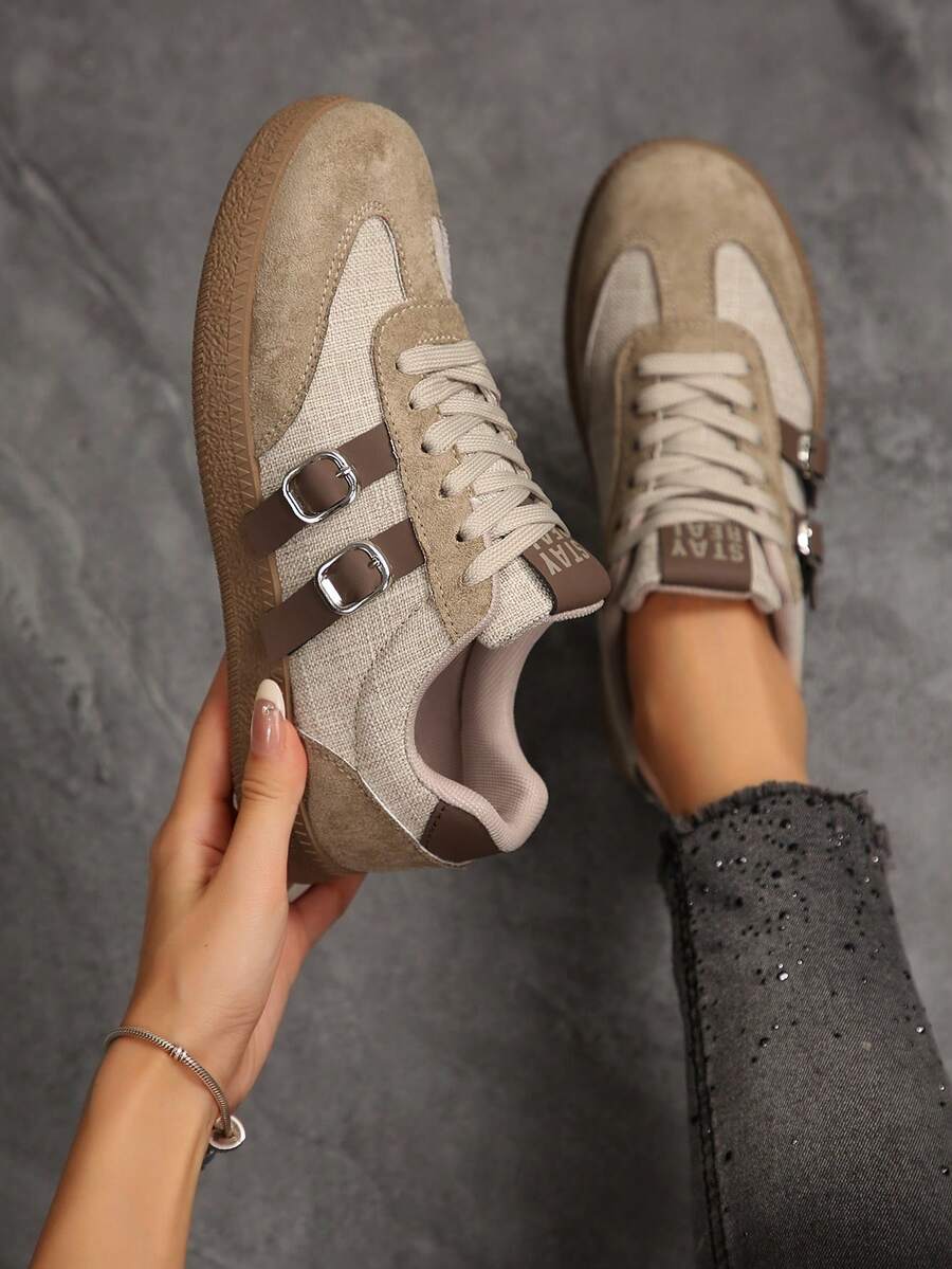 NOBLEARL Fashion Low‑Top Retro Sneakers For Women, Brown Strap With Metal Buckle Decoration, Light‑Weight Flat Walking Shoes - Khaki - View 1