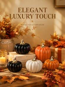 Elegant Decorative Ceramic Pumpkin Ornament Set, Gold-Plated Stem, Multiple Sizes (Small/Medium/Large), Orange And White, Suitable For Living Room, Study, Desktop, Home Decor, Halloween - Multiple Styles - View 5