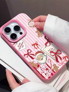 1pc Christmas Fashion Personalized Striped Gingerbread Bow Pattern Deep Pink Liquid Large Hole Lens Anti-Drop Anti-Fingerprint Phone Case Compatible With IPhone 17/16/16Pro/16Plus/15/15ProMax/15Pro/11/12/13/14ProMax/11Pro/11ProMax/12Pro/12ProMax/13Pro/13ProMax/14Pro/14ProMax Soft Shell Premium Feel - Multicolor - View 3
