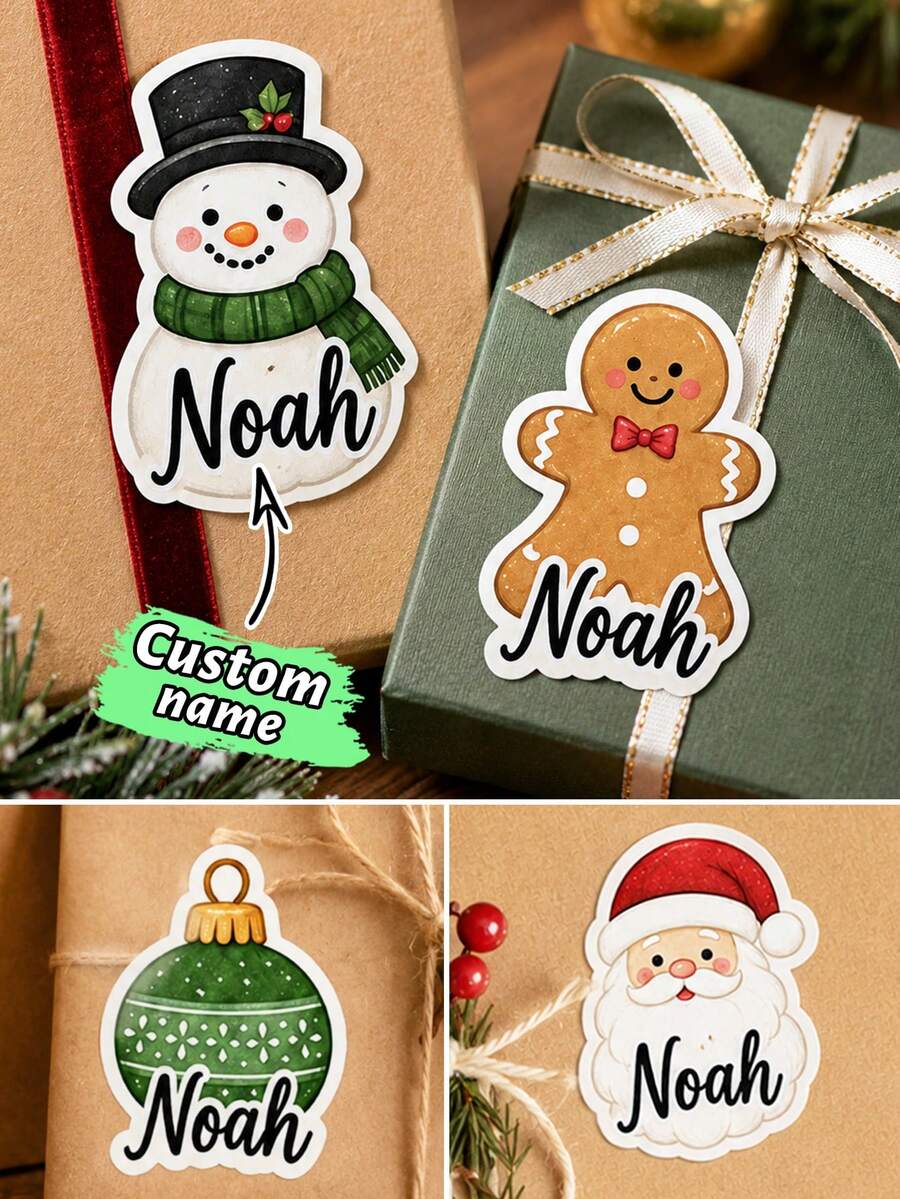 20-200pcs Custom Christmas Name Stickers, Personalized Gingerbread Stocking Tree Gift Labels, Festive Holiday Style, Customized Gift Stickers, Customizable Name Labels, Christmas Gift Wrapping Decor, Holiday Party Favors, Christmas Stickers - Style B - View 1