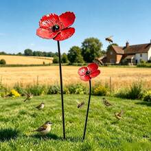 2pcs Large And Small Red Poppy Flower Garden Stakes, Outdoor Yard Art Decor, Rust-Proof Floral Ground Stakes, Suitable For Lawn, Patio, Farm Decoration - Red Poppy - View 5