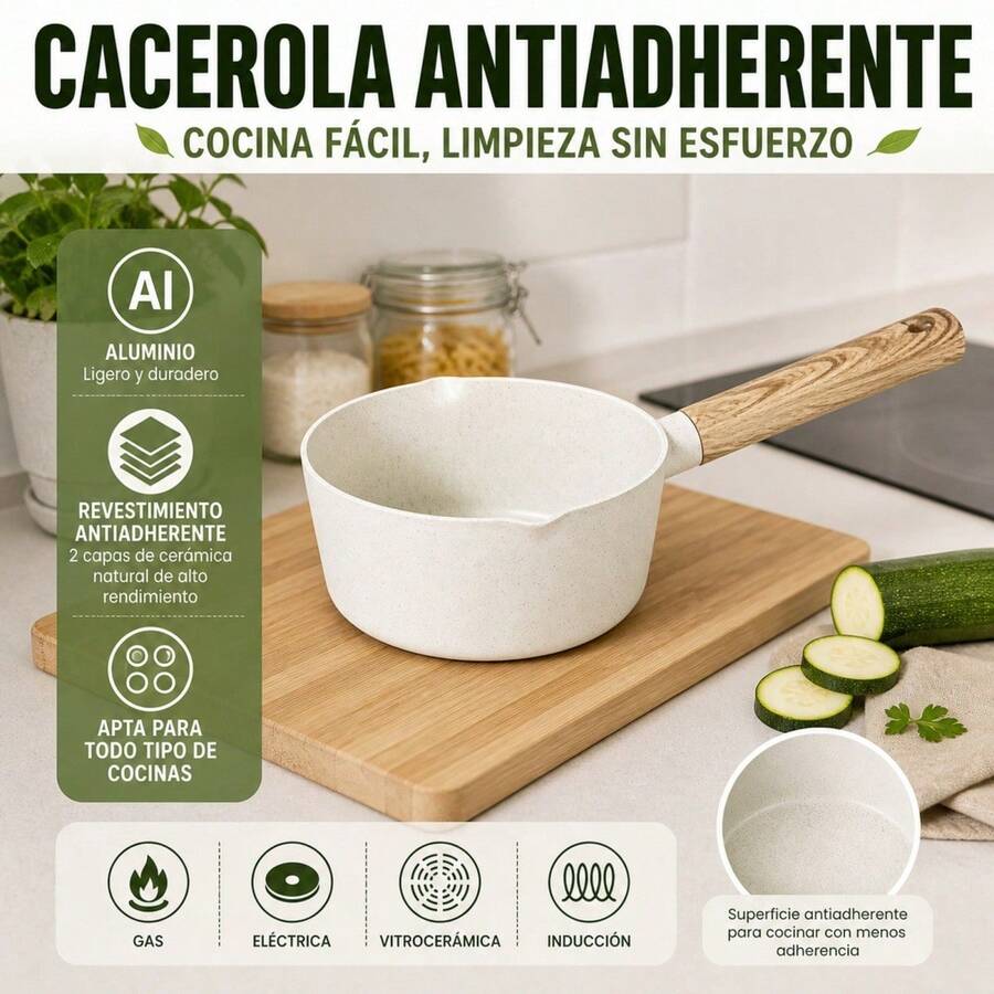 16cm Aluminum Saucepan With Ceramic Non-Stick Coating, Wood-Effect Handle And Double Pour Spouts, Induction And Gas Stove Compatible - View 1
