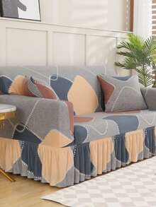 1pc Printed Hem Full Coverage Elastic Sofa Cover, Dust-Proof & Dirt-Resistant, Stretchable One-Piece Full Coverage Sofa Protector, Living Room Home Decor, Machine Washable - Grey - View 5