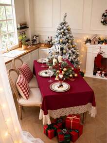 1pc Vintage Christmas Theme Tablecloth, Holiday Family Gathering Banquet Tabletop Atmosphere Decorative Tablecloth - Red - View 11