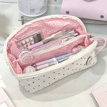 1pc Cute Multi-Layer Stationery Storage Bag, Gentle Polka Dot Design, Suitable For Students, Girl Style Pencil Case, Back To School, First Day Of School - Multicolor - View 1