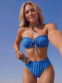 Women's Spring/Summer New Stripe Printed Small Lace Strapless Bikini 2 Pieces Set With Removable Shoulder Straps Vacation Beach - Multicolor - View 1