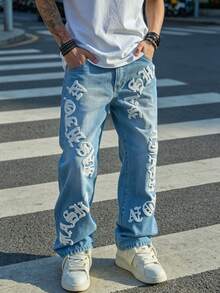 Men's Embroidered Loose-Fit Jeans – Casual, Comfortable Denim - Medium Wash - View 3