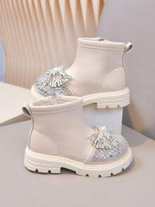 Children's Rhinestone Bow Boots, Baby Girl Side Zipper Soft Sole Autumn/Winter Ankle Boots, Easy To Put On And Take Off - Beige - View 3