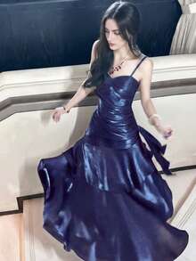 Shiny Ruffle Hem Party Dress, Elegant Iridescent Spaghetti Strap Concert Outfit, Summer Spring Apparel Wedding Fall - Navy Blue - View 2