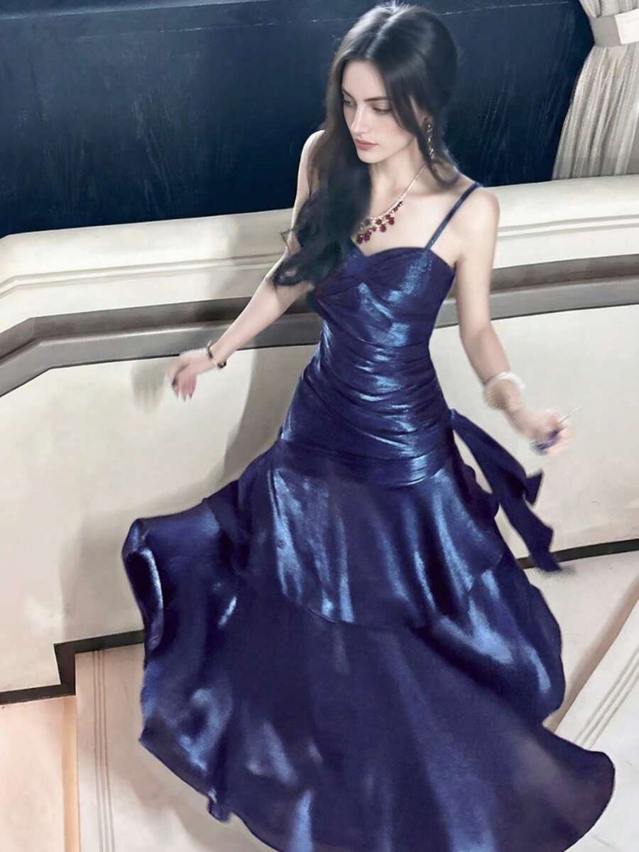 Shiny Ruffle Hem Party Dress, Elegant Iridescent Spaghetti Strap Concert Outfit, Summer Spring Apparel Wedding Fall