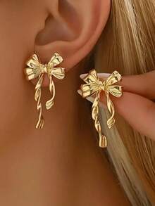 1 Pair Exquisite Palace Style High-End Design Ribbon Pattern Bow Earrings, Suitable For Any Occasion, Multi-Functional High-End Style Earrings, Perfect Surprise Romantic Holiday Gift Valentine's Day, Mom, Mother, Mother's Day, Gift - Butterfly Festival - View 1