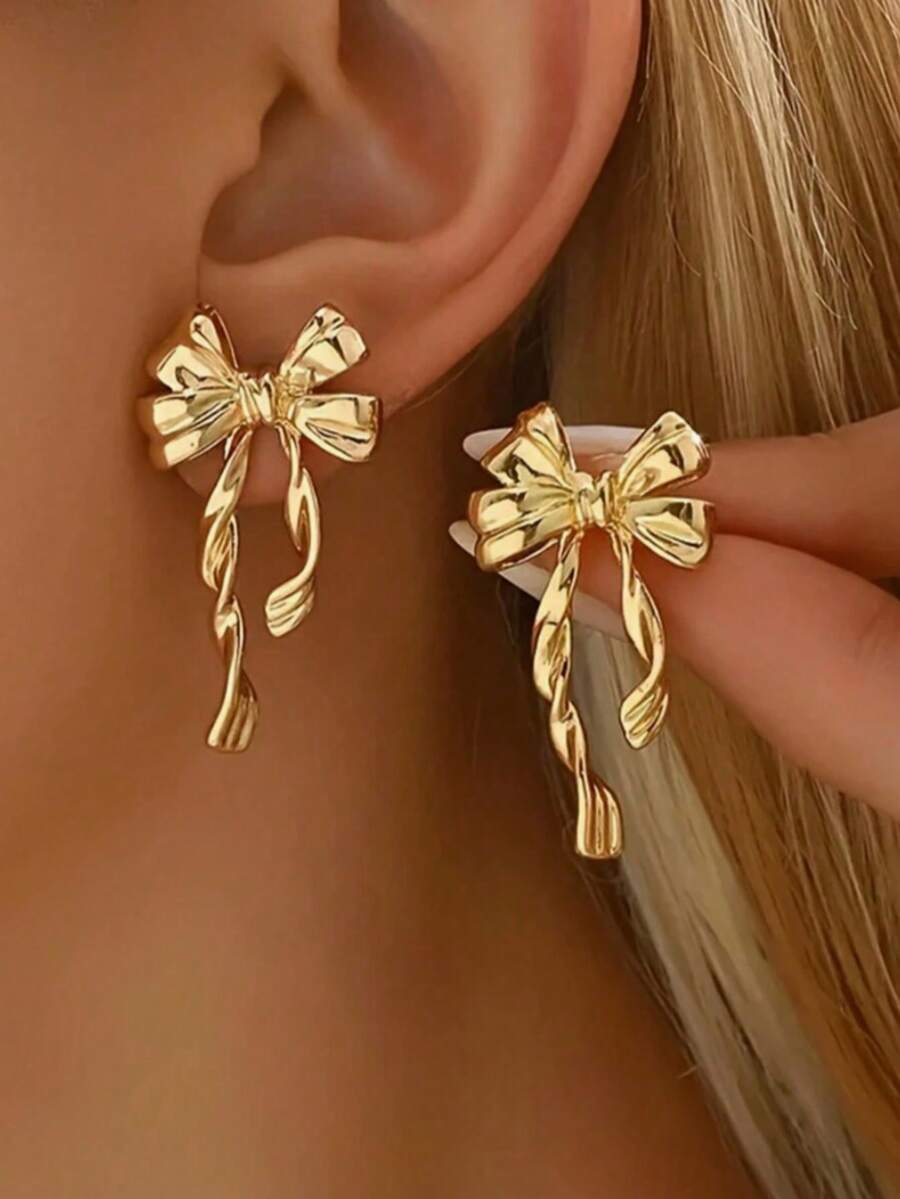 1 Pair Exquisite Palace Style High-End Design Ribbon Pattern Bow Earrings, Suitable For Any Occasion, Multi-Functional High-End Style Earrings, Perfect Surprise Romantic Holiday Gift Valentine's Day, Mom, Mother, Mother's Day, Gift - Butterfly Festival - View 1