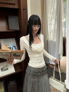French Design Drape Neck Lace Camisole & Draped Neck Top 2 Pieces Set - Apricot - View 4