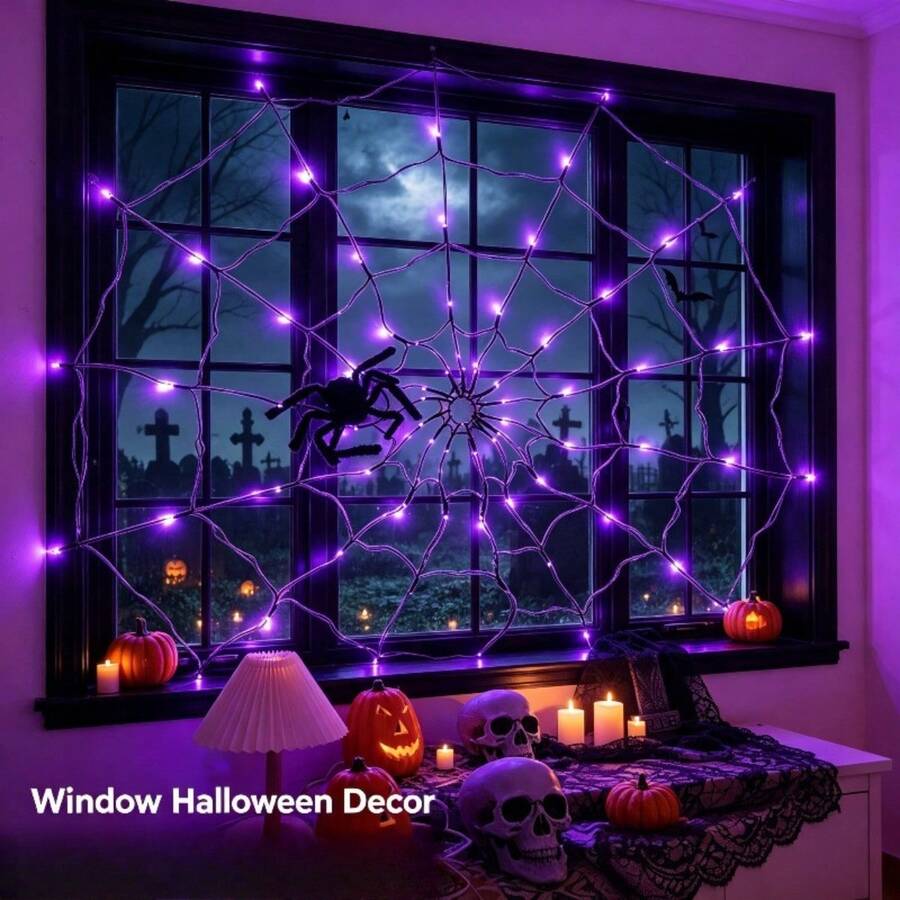Battery Powered Spider Web LED String Lights, 1pc Halloween Decoration Lights, Purple, Indoor/Outdoor Use, No Spider Accessories Included, Perfect For Party, Garden, Home Decor - Batteries Not Included - Multicolor - View 1