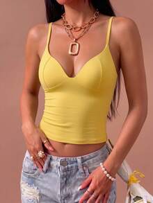 Spring/Summer Sexy Minimalist Y2K Solid Color Spaghetti Strap High Elastic Slim Fit Daily Sports Date Party Women's Tank Top - Yellow - View 3