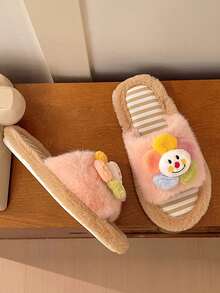 1 Pair Colorful Fuzzy Slippers Casual Slip-On Flat Cute - Pink - View 6