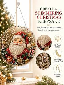 Christmas Pearl Diamond Painting Suncatcher Set, DIY Handmade | Pre-Assembled Metal Chain, Acrylic Round Plate With Lace Edge, 3D Mixed Size Pearl Beads, Holiday Window Wall Decoration - A - View 8