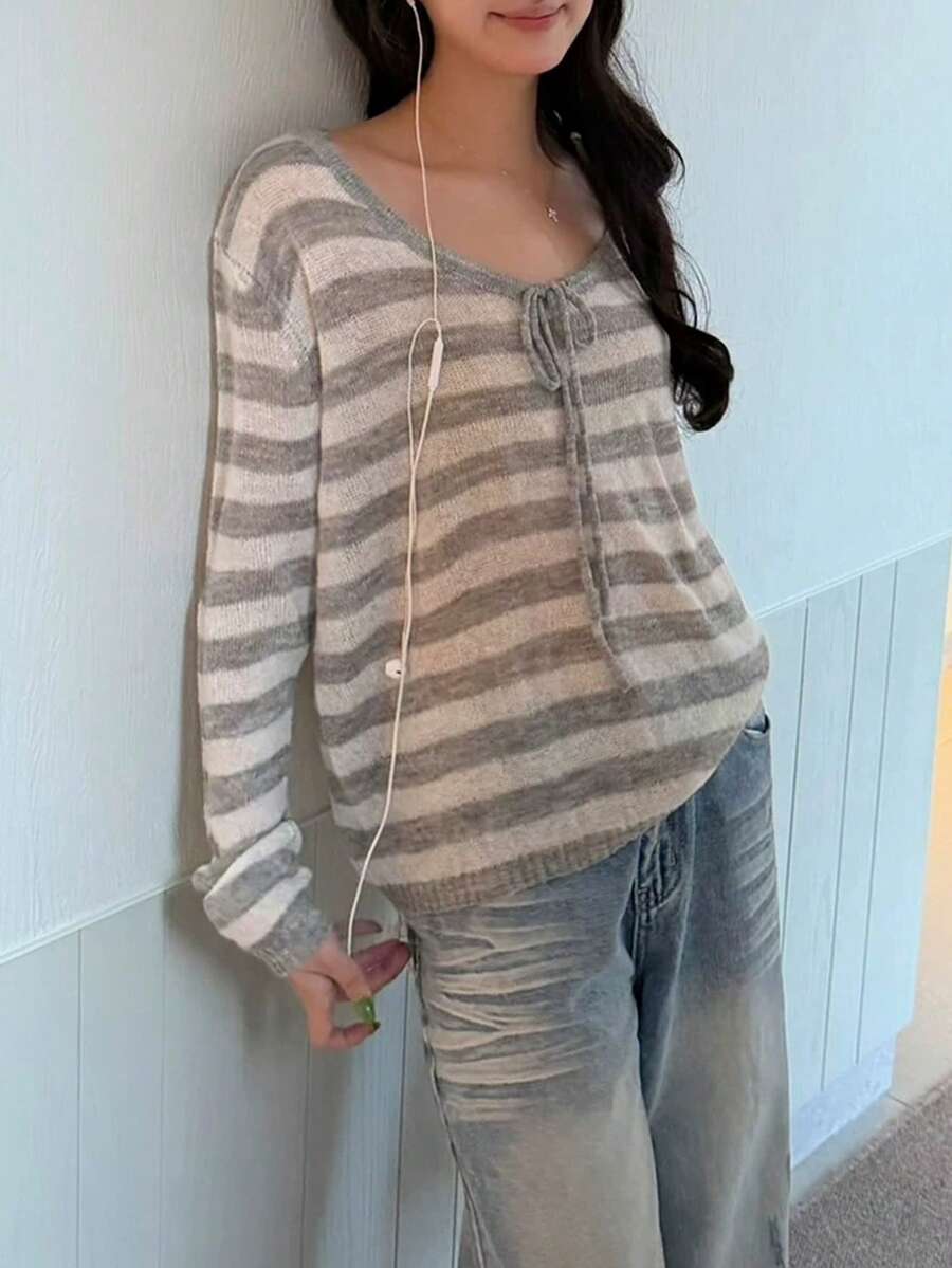 Women's New Gray Striped Knit Hollow-Out Lace-Up Loose Cover-Up Top, Random Patchwork - Grey - View 1