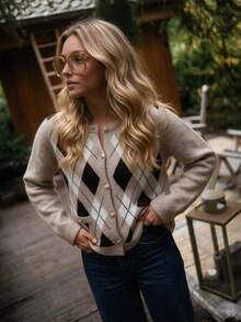 SEREN Fashion Women's Diamond Pattern Knitted Cardigan, Autumn New Round Neck Long Sleeve Sweater Jacket, Suitable For Daily Wear And Outings - Multicolor - View 4