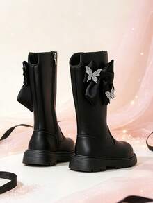 1 Pair Girls' Tall Boots, Bow & Rhinestone Butterfly Decor, Soft PU Material, Elastic Soft Sole With Inner Zipper Design, Cute Princess Style Long Riding Boots, Suitable For Daily School, Holiday Parties, Autumn/Winter New - Black - View 4