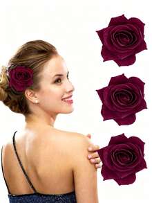 Women's 3pcs/Set 2.7 Inch Rose Pink Rose Hair Clips, Flower Hair Clips, Floral Hair Clips, Suitable For Women To Wear At Parties, Weddings And Daily Use - Hot Pink - View 16