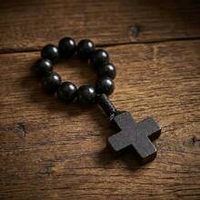 1/2/5pcs Natural Wooden Cross Pocket Rosary Jewelry Set, Prayer Bead Ring, Portable Religious Faith Accessory, Suitable For Daily Prayer And Church, Unisex, Wooden Bead Cross Pendant - Multicolor - View 4
